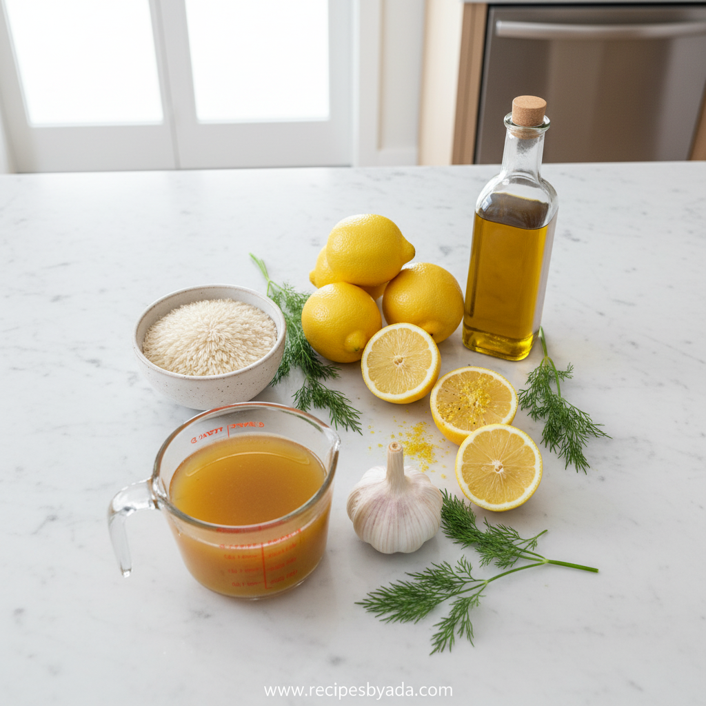 Ingredients for Greek lemon rice including rice, lemons, herbs and spices