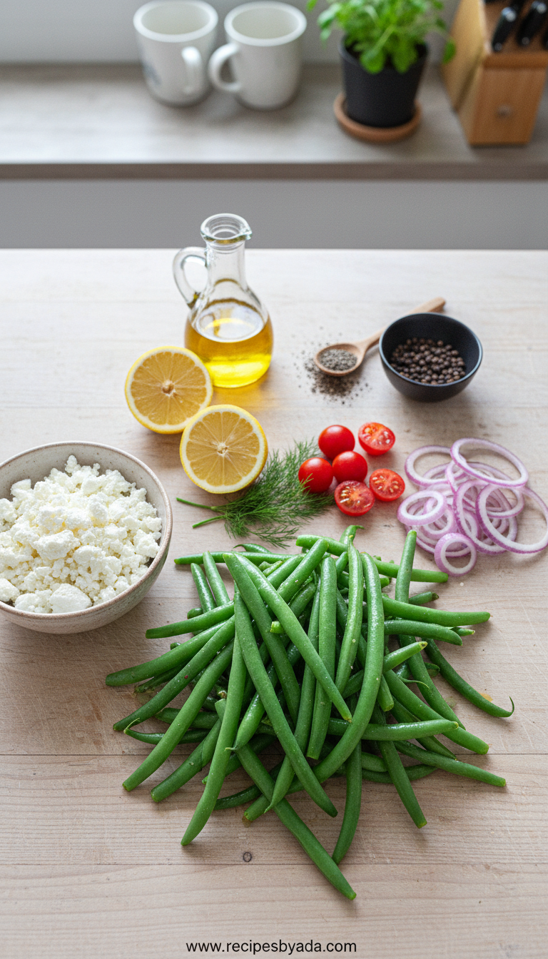 Ingredients for green bean feta salad arranged on wooden surface