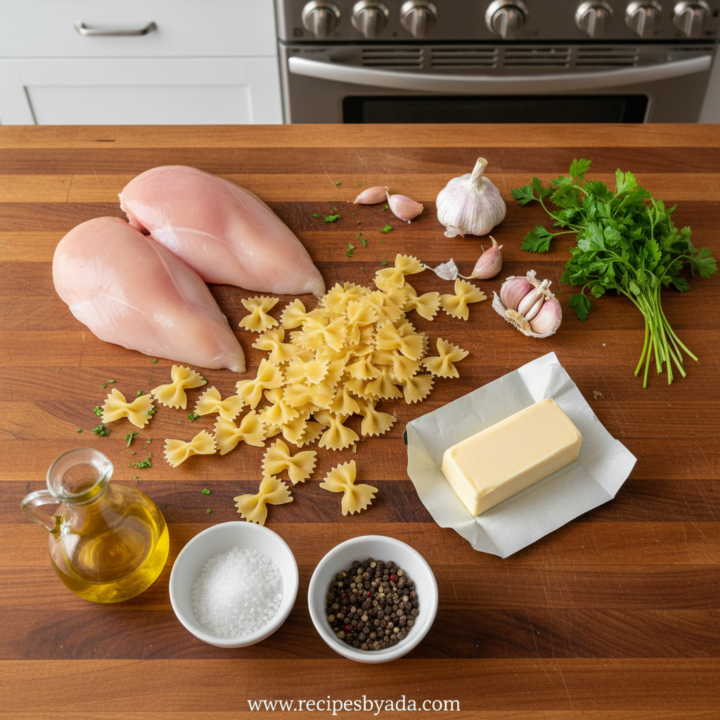 Ingredients for garlic butter chicken pasta including bowtie pasta, chicken, garlic, and herbs