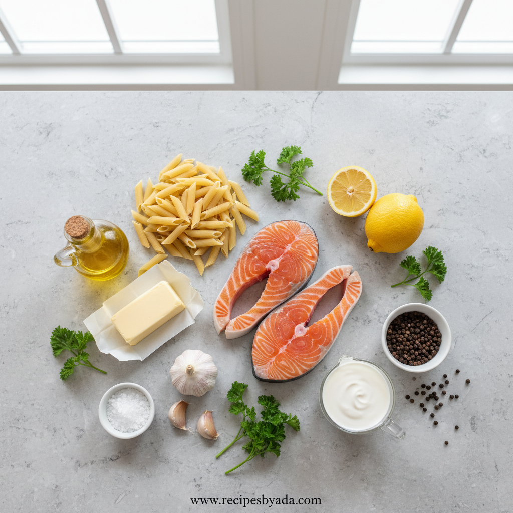 Ingredients for garlic butter salmon pasta including fresh salmon, pasta, garlic, butter, and lemon
