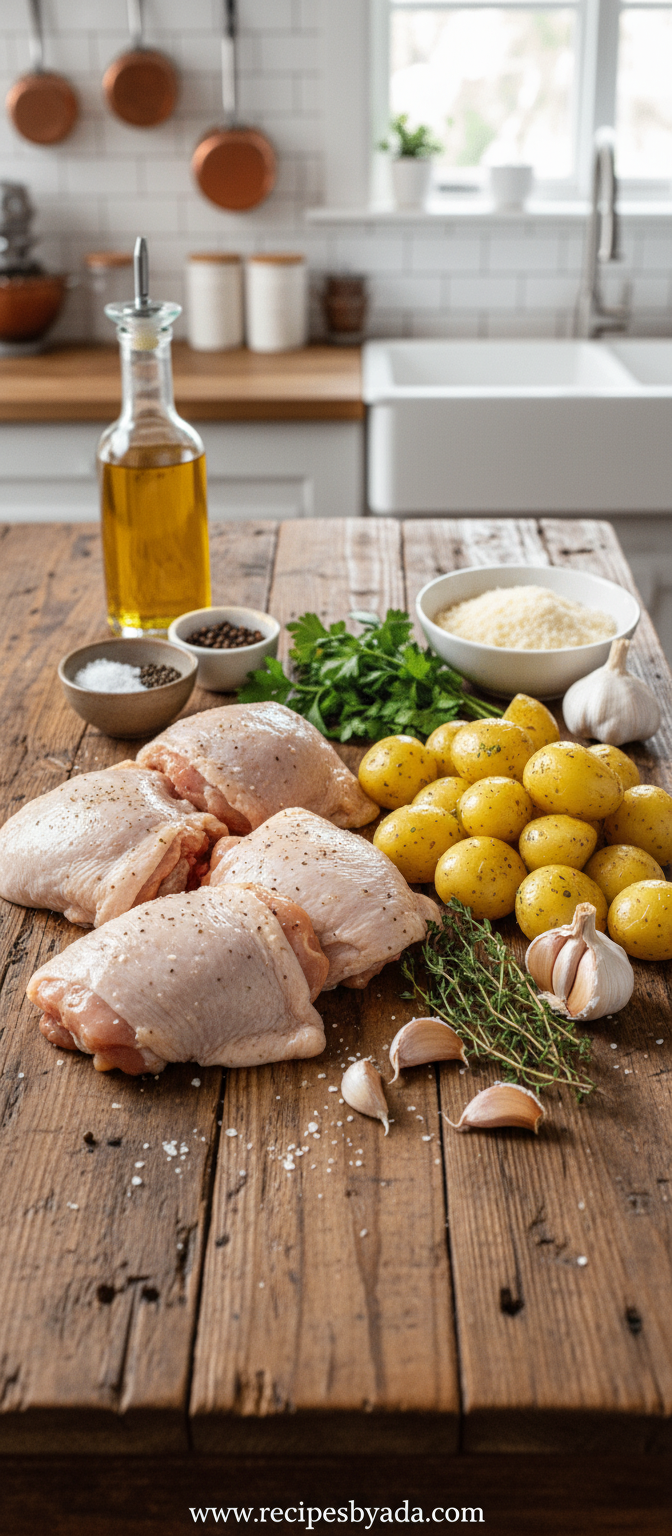Ingredients for garlic Parmesan chicken potatoes laid out on kitchen counter