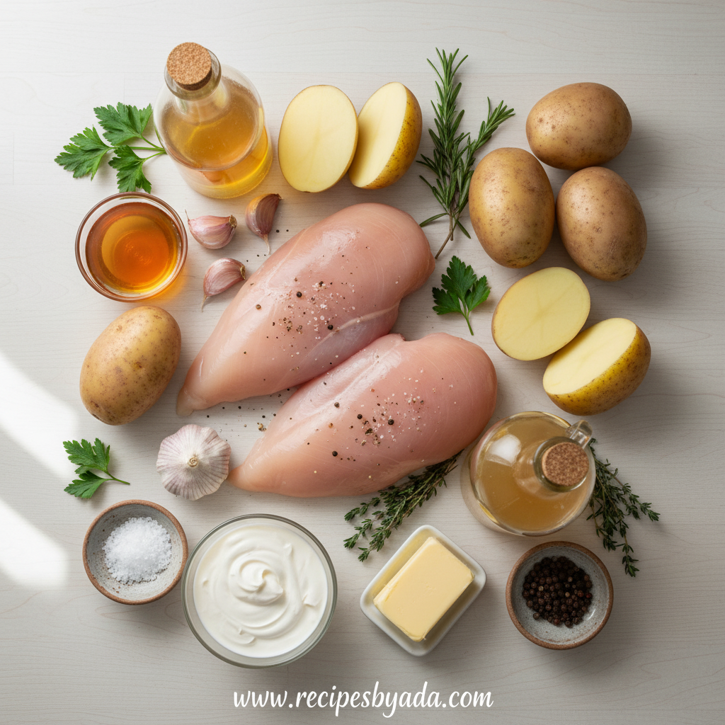 Fresh ingredients for garlic herb chicken and mashed potatoes