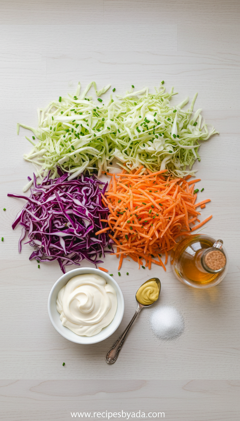 Coleslaw ingredients including cabbage, carrots, mayonnaise