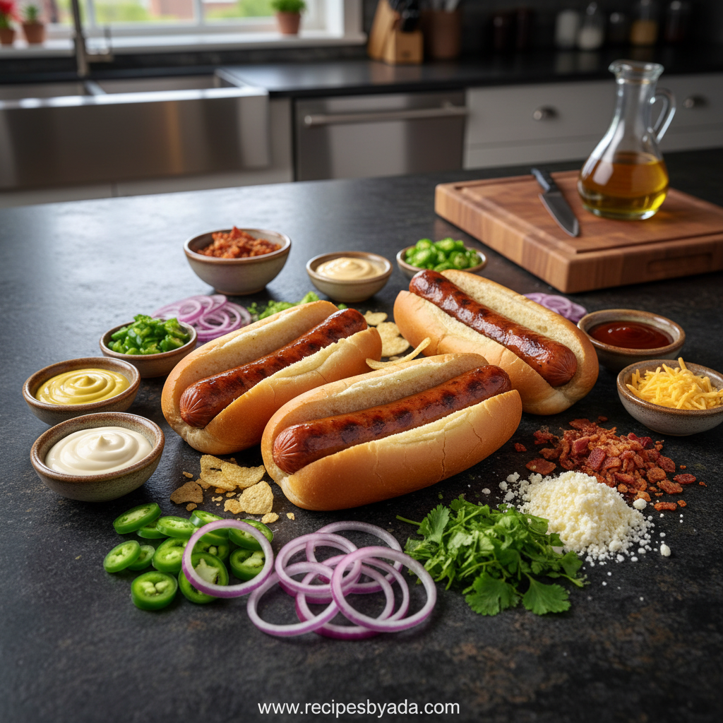 Fresh ingredients for gourmet hot dog toppings including vegetables and sauces