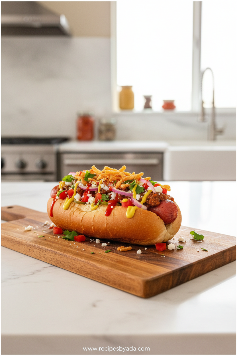 Beautiful hot dog bar setup with various toppings and condiments