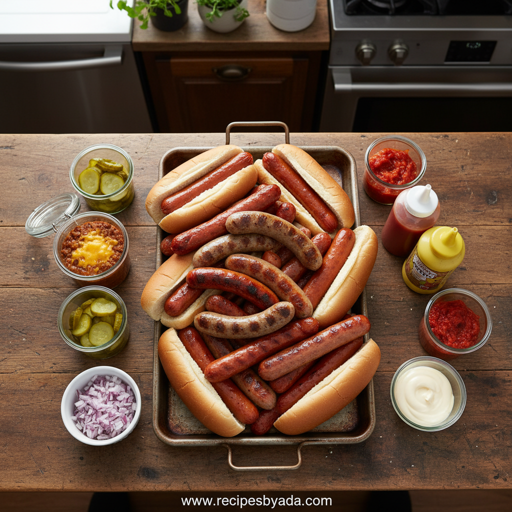 Hot dog bar ingredients including toppings, condiments, and buns