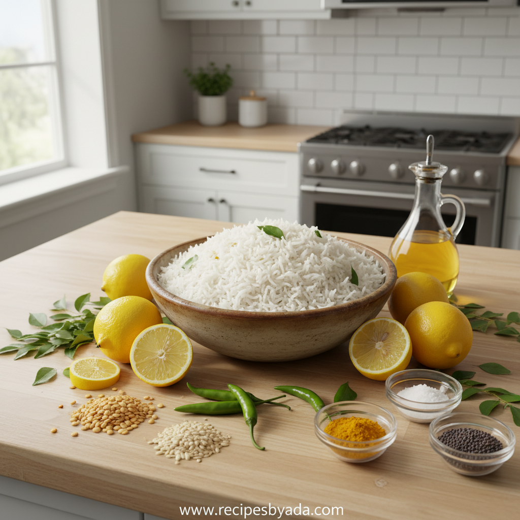 Lemon rice ingredients including rice, lemons, herbs and spices