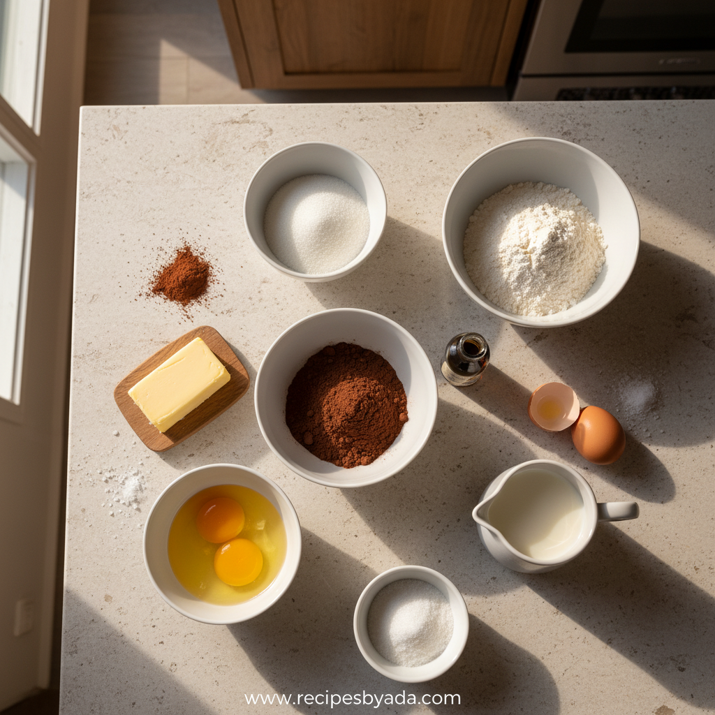 Ingredients for chocolate sheet cake including flour, sugar, cocoa powder, eggs