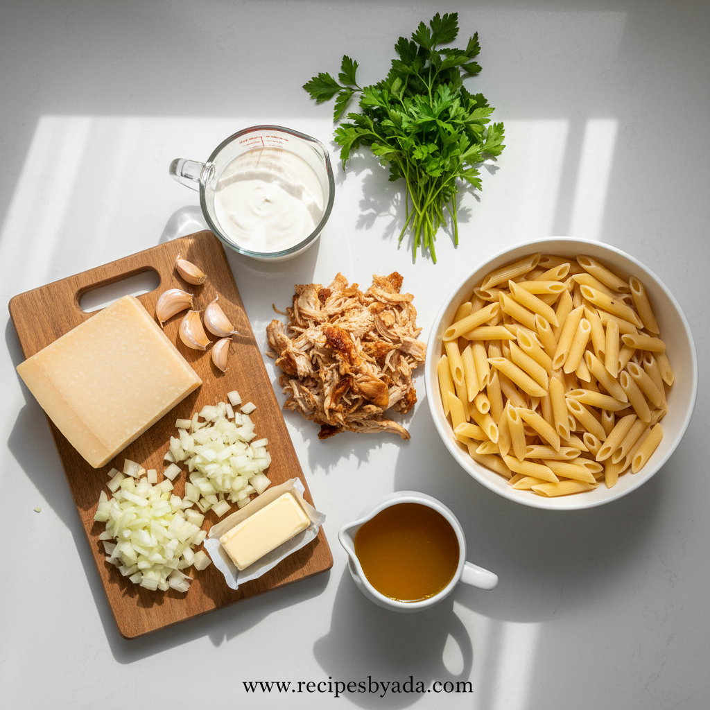 Ingredients for creamy rotisserie chicken pasta including pasta, chicken, cream, and cheese