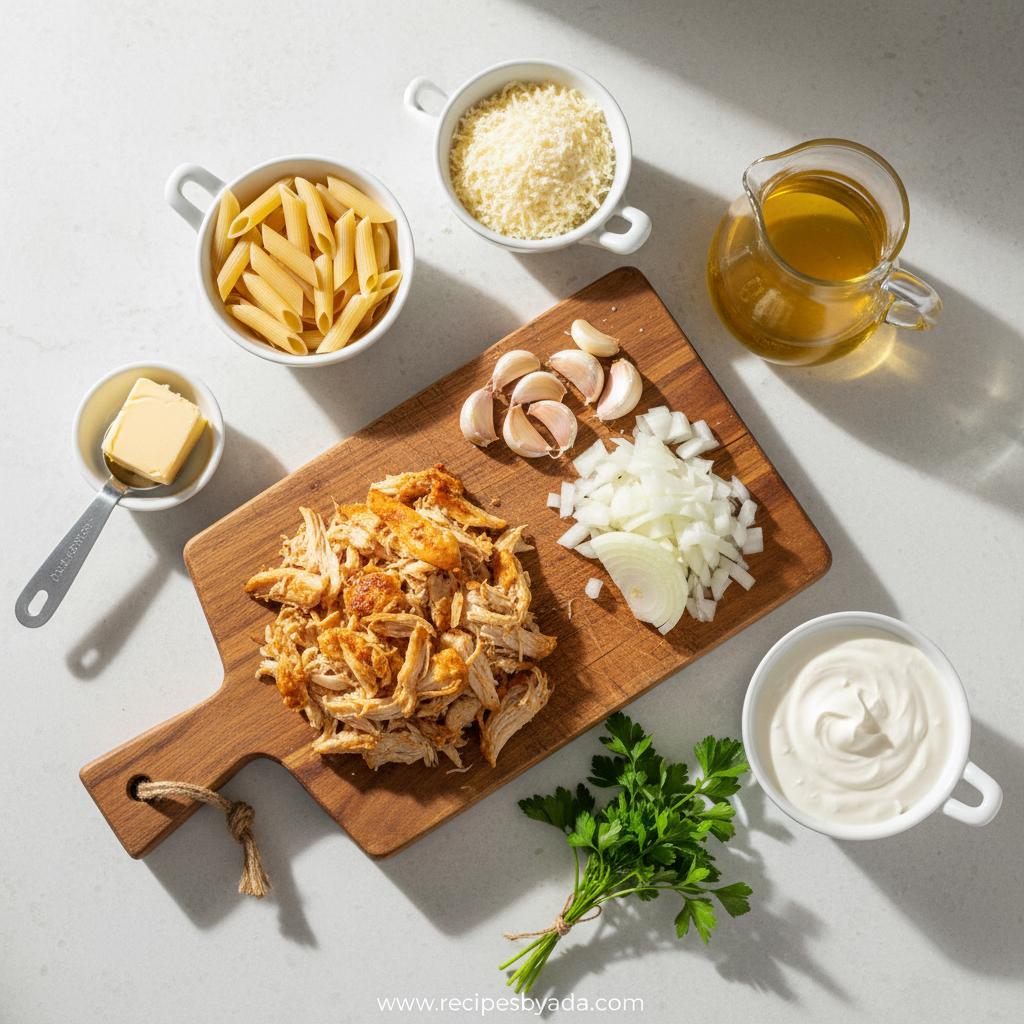 Ingredients for creamy chicken pasta