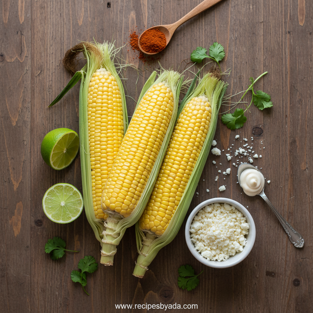 Fresh ingredients for Mexican corn salad including corn, lime, cilantro, and spices