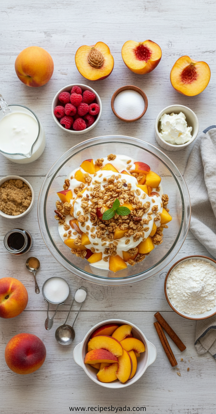 Ingredients for peach cobbler cheesecake salad including cream cheese and fresh fruit