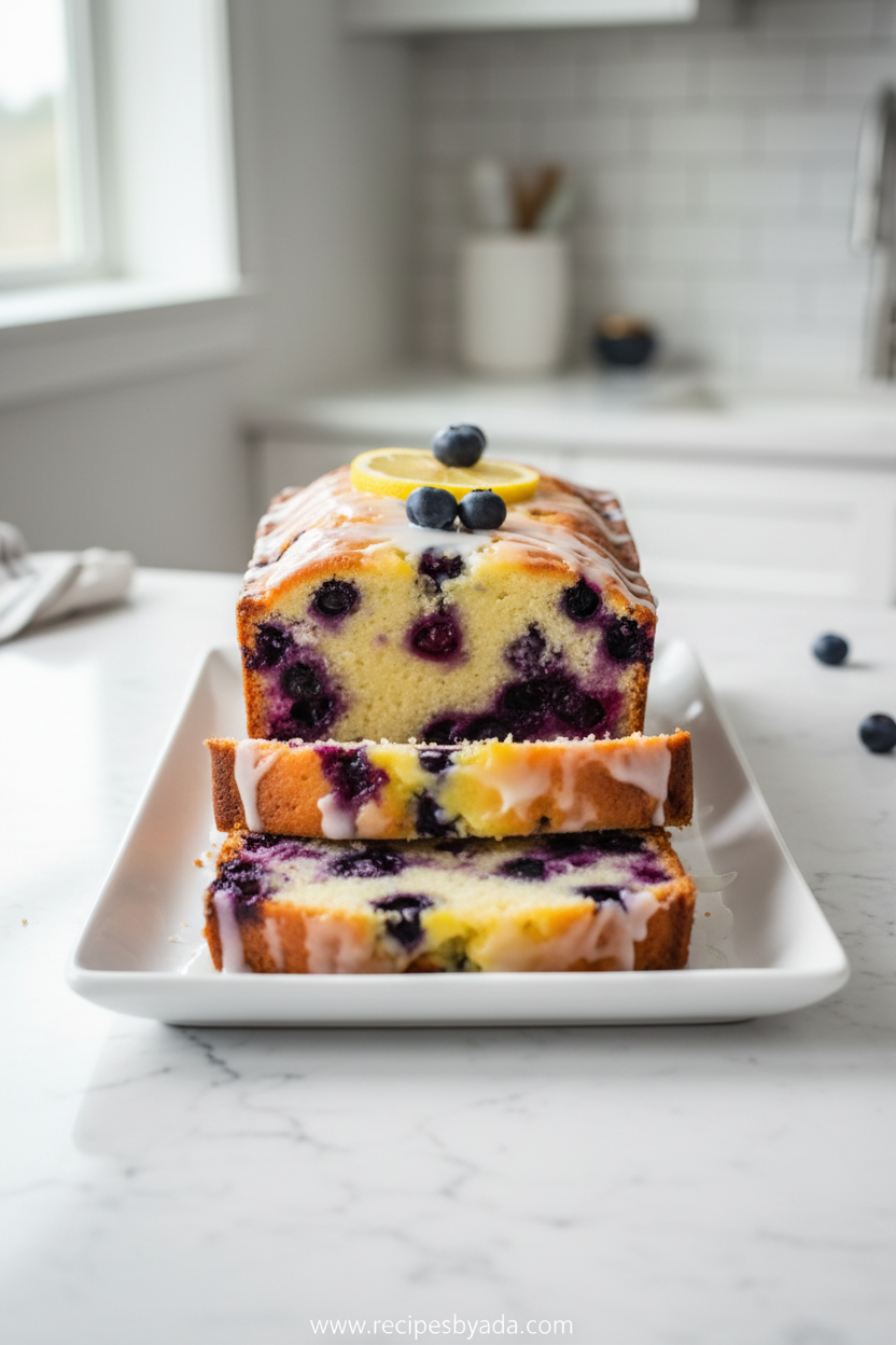 Golden brown lemon blueberry yogurt loaf with lemon glaze and fresh blueberries