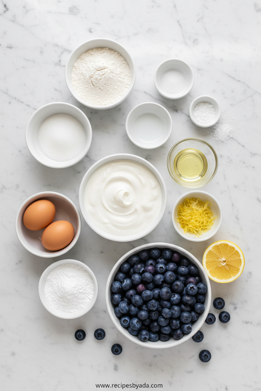 Ingredients for lemon blueberry yogurt loaf on wooden surface