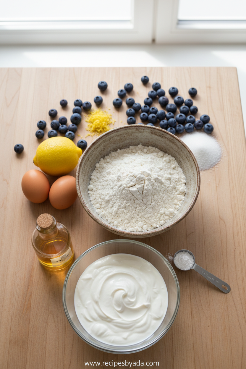 Ingredients for lemon blueberry yogurt loaf arranged beautifully on a wooden surface