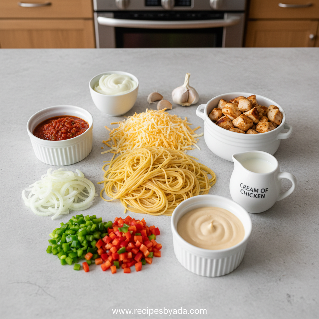 Ingredients for monterey chicken spaghetti including pasta, chicken, cheese, and seasonings