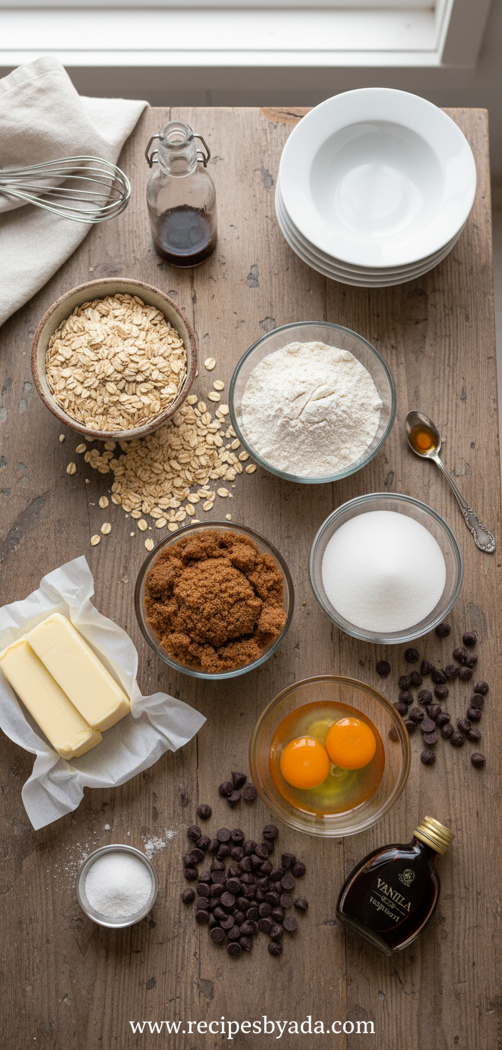 Ingredients for chocolate chip oatmeal cookies