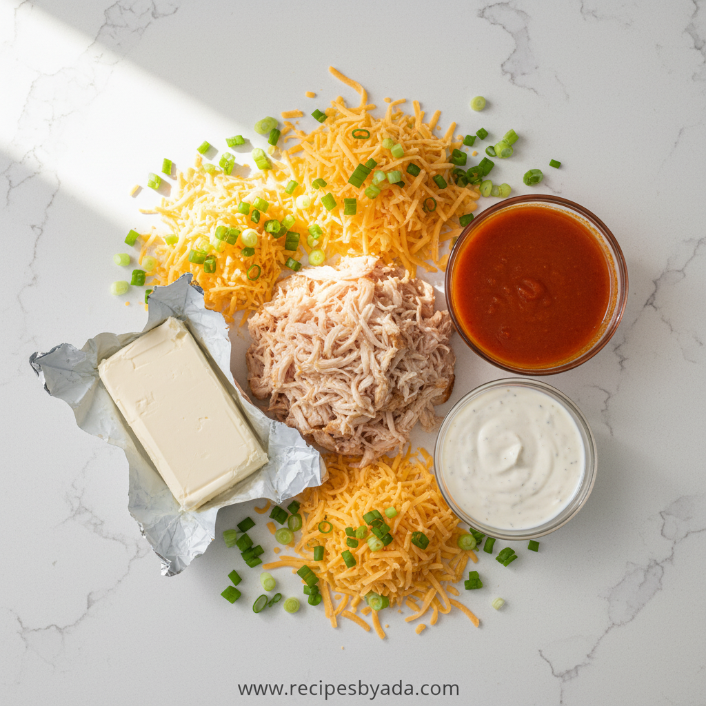 Ingredients for Buffalo chicken dip including cream cheese, chicken, and Buffalo sauce