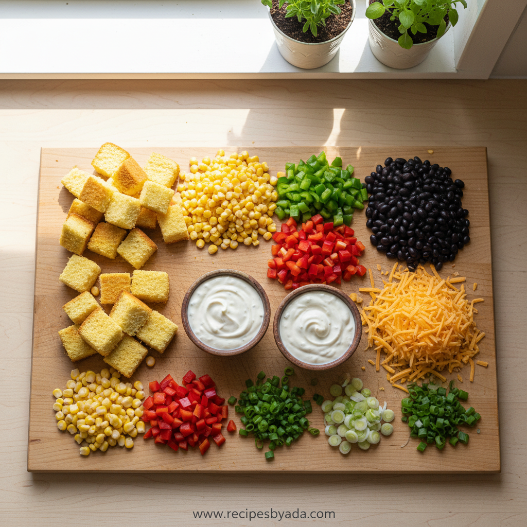 Ingredients for colorful cornbread salad including cornbread, vegetables, and dressing