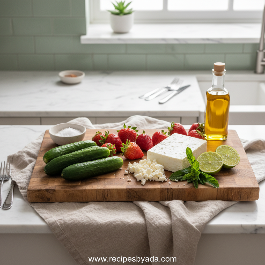Fresh ingredients for cucumber strawberry salad including strawberries, cucumber, feta, and mint