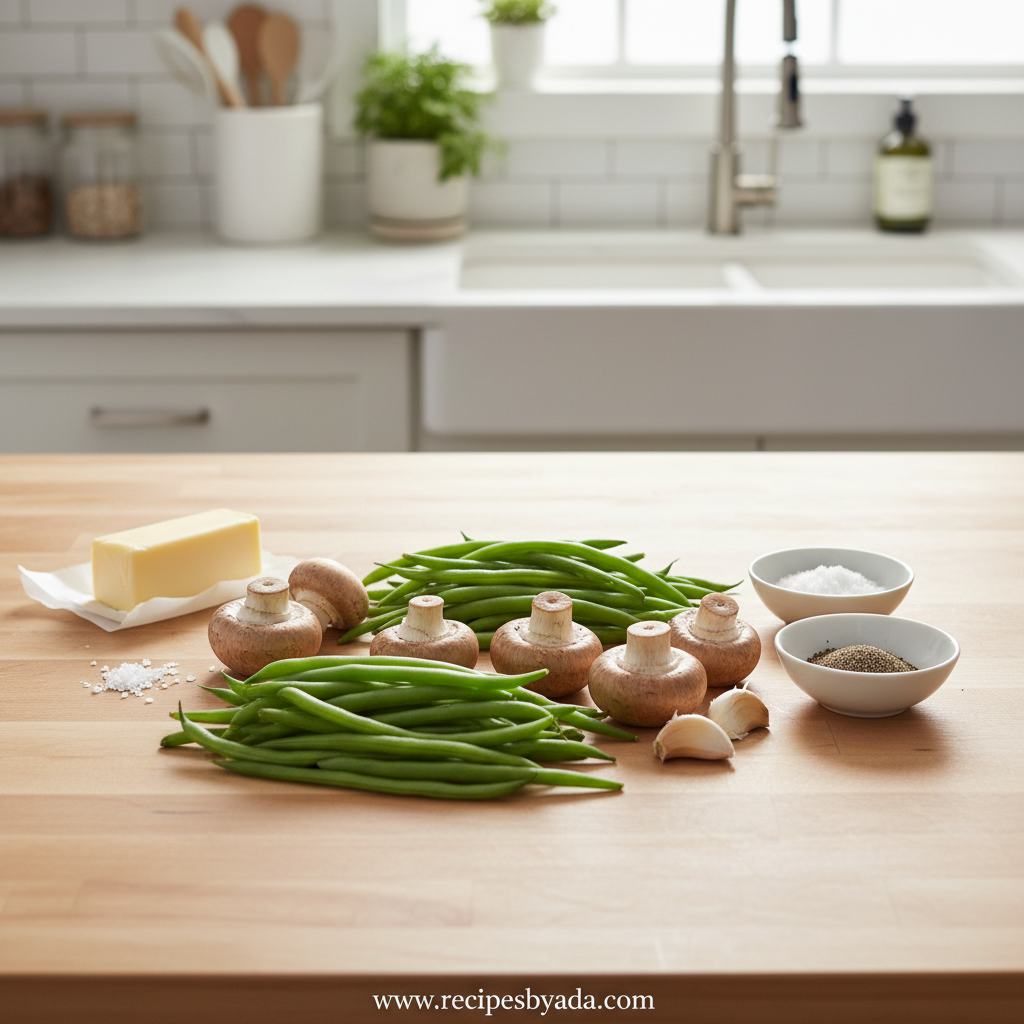 Ingredients for garlic butter green beans and mushrooms