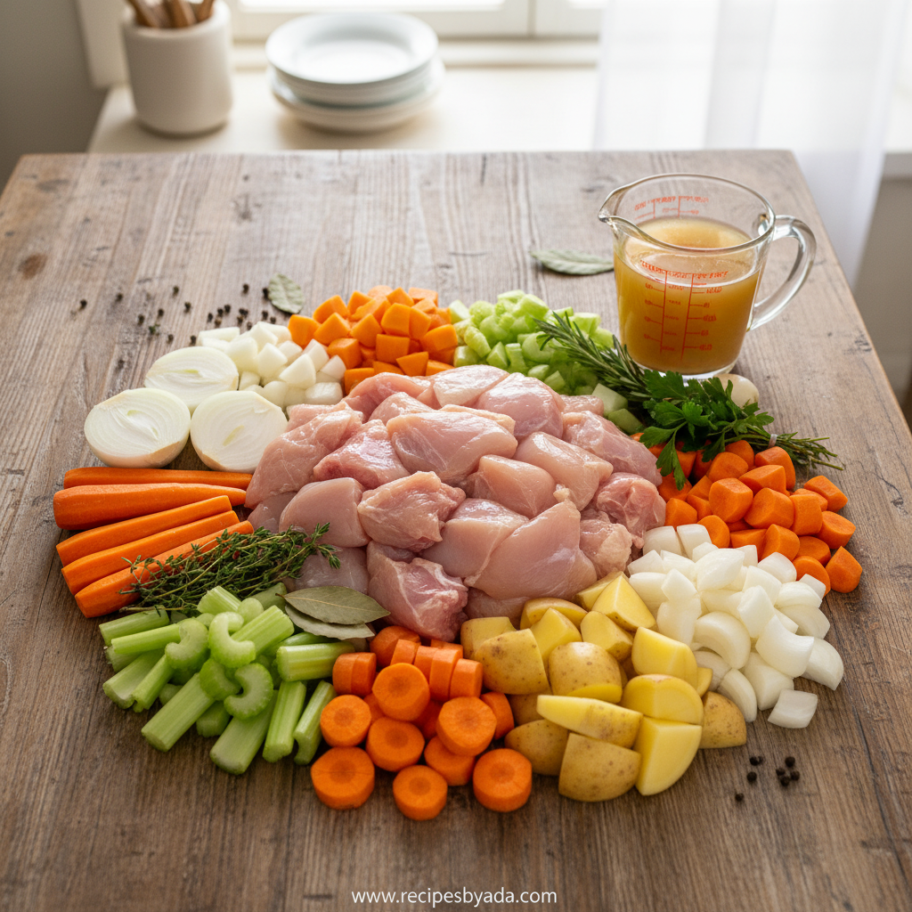Ingredients for slow cooker chicken stew arranged on counter