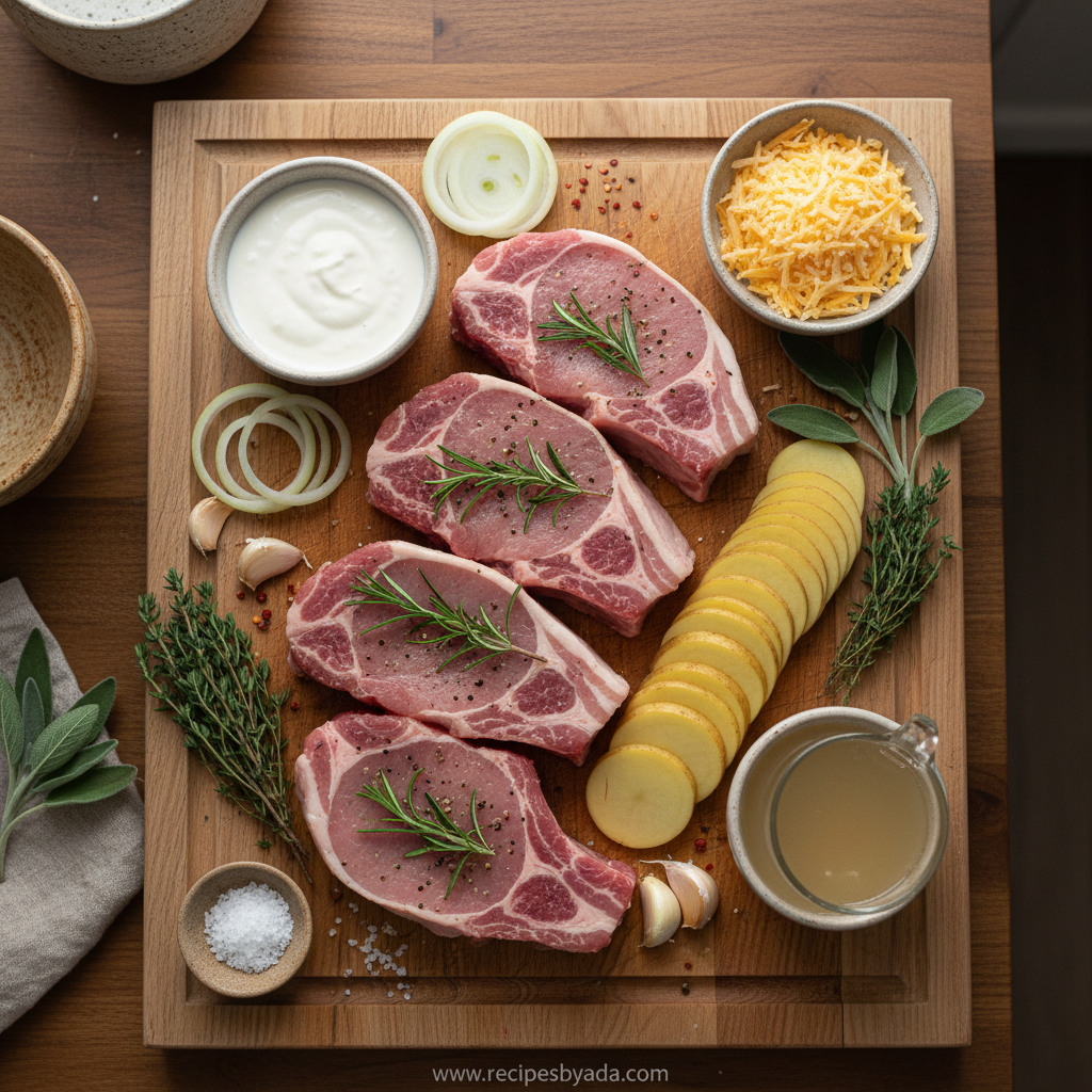 Ingredients for smothered beef chop and scalloped potato casserole