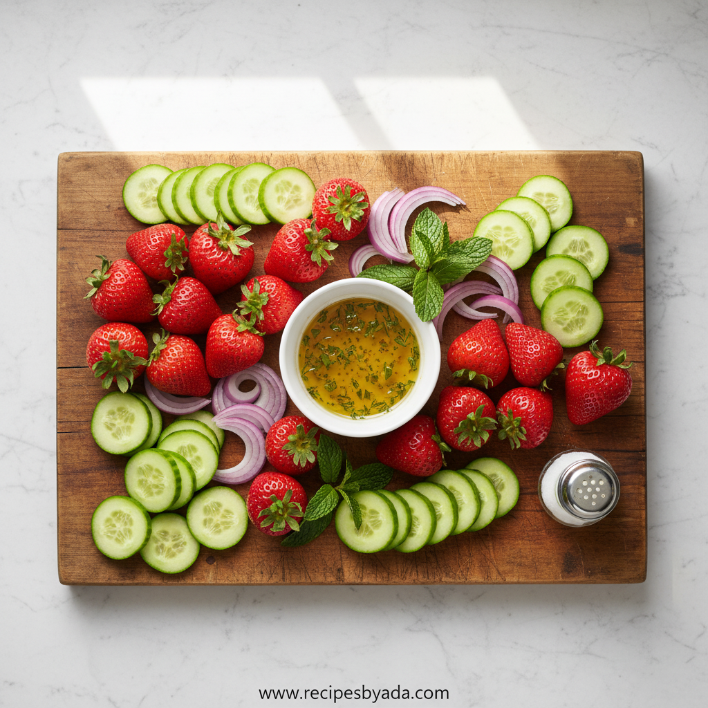 Ingredients for strawberry cucumber salad including fresh produce and herbs