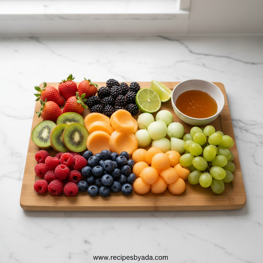 Fresh ingredients for summer fruit salad including dragon fruit, mango, berries and maple syrup