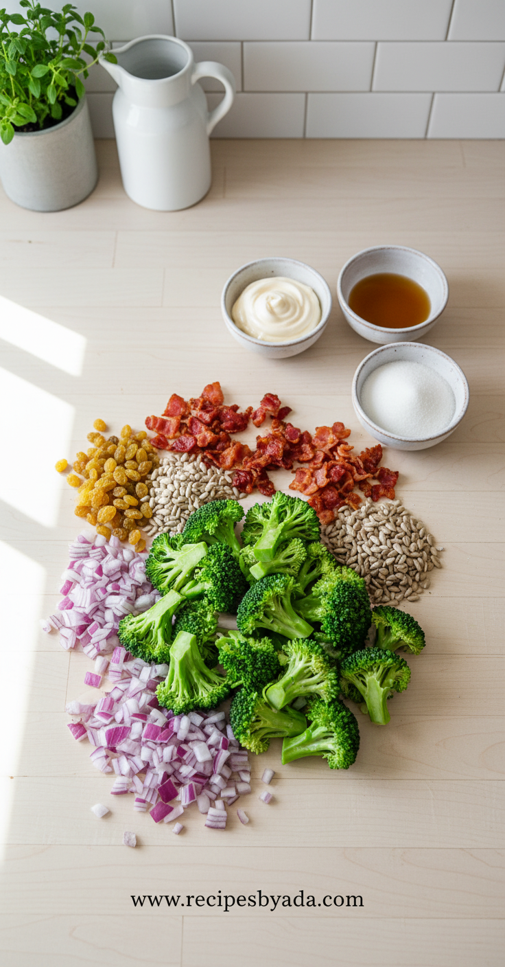 Ingredients for broccoli salad including broccoli, red onion, dried cranberries, sunflower seeds