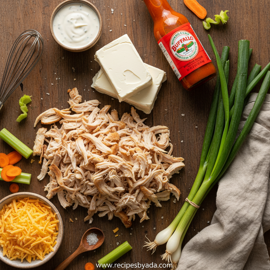 Ingredients for buffalo chicken dip including cream cheese, chicken, and buffalo sauce
