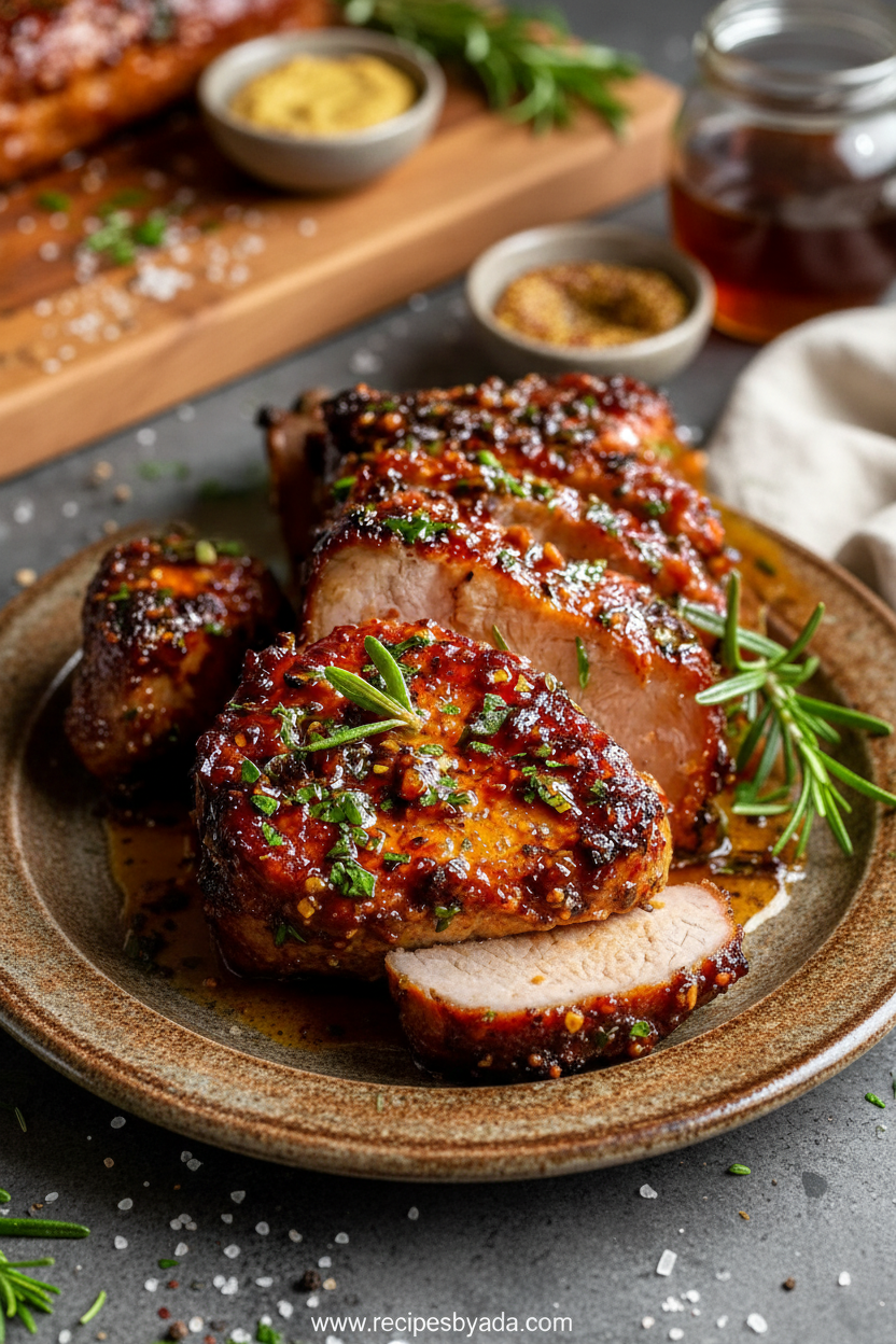 Delicious glazed maple mustard lamb served with vegetables
