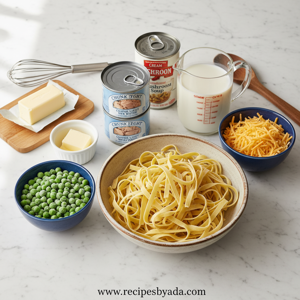 Ingredients for tuna noodle casserole