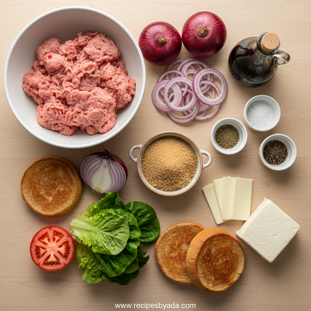 Ingredients for balsamic caramelized onion turkey burgers