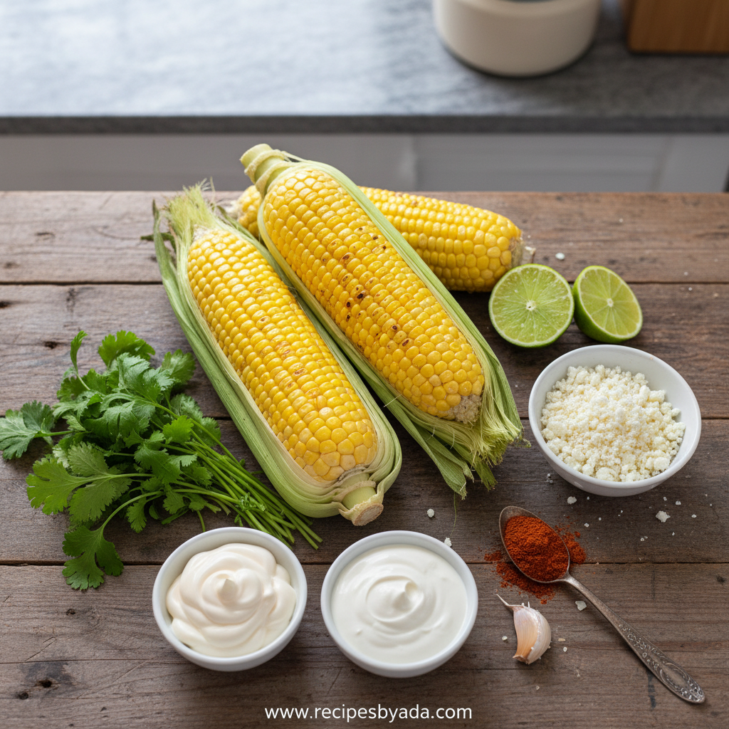 Ingredients for Mexican street corn salad including fresh corn, cotija cheese, and seasonings