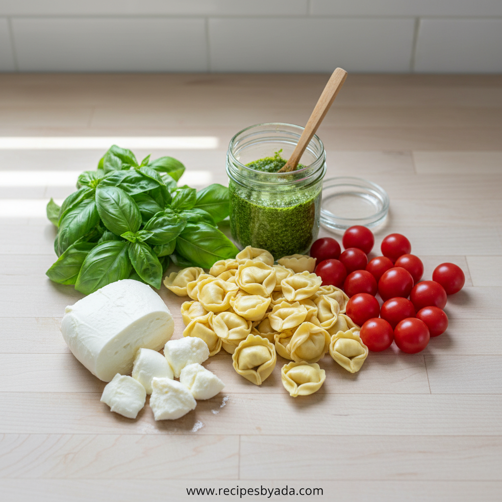 Ingredients for cheesy basil pesto pasta salad