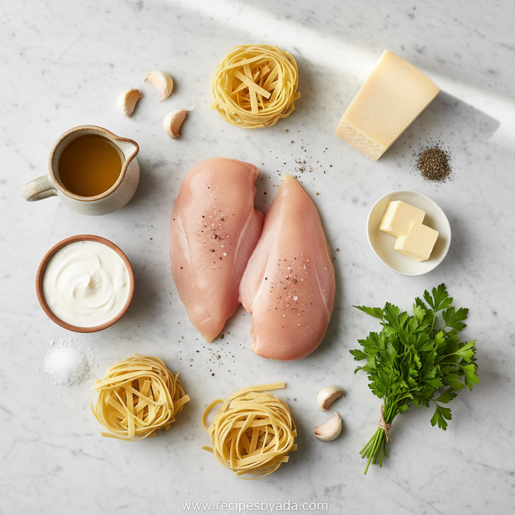 Ingredients for chicken Alfredo pasta