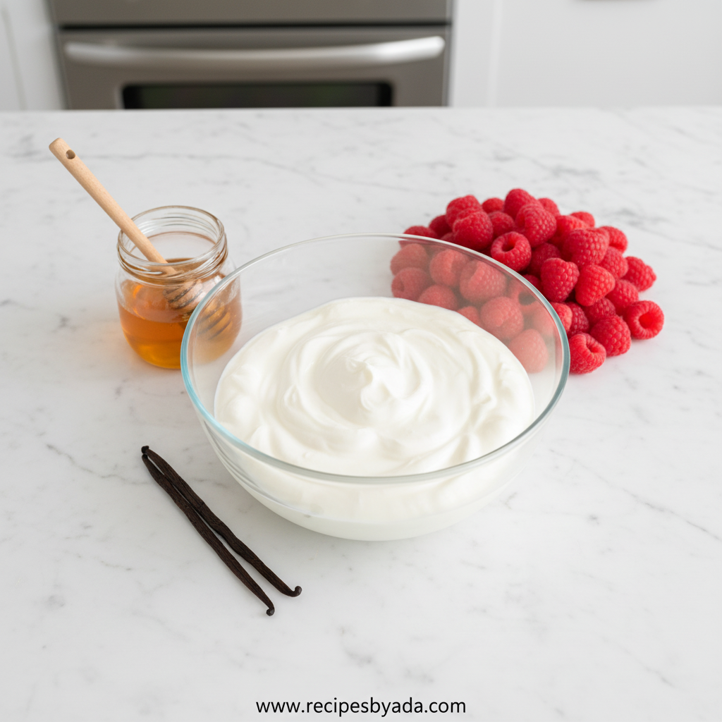 Ingredients for frozen Greek yogurt dessert including Greek yogurt and fresh raspberries
