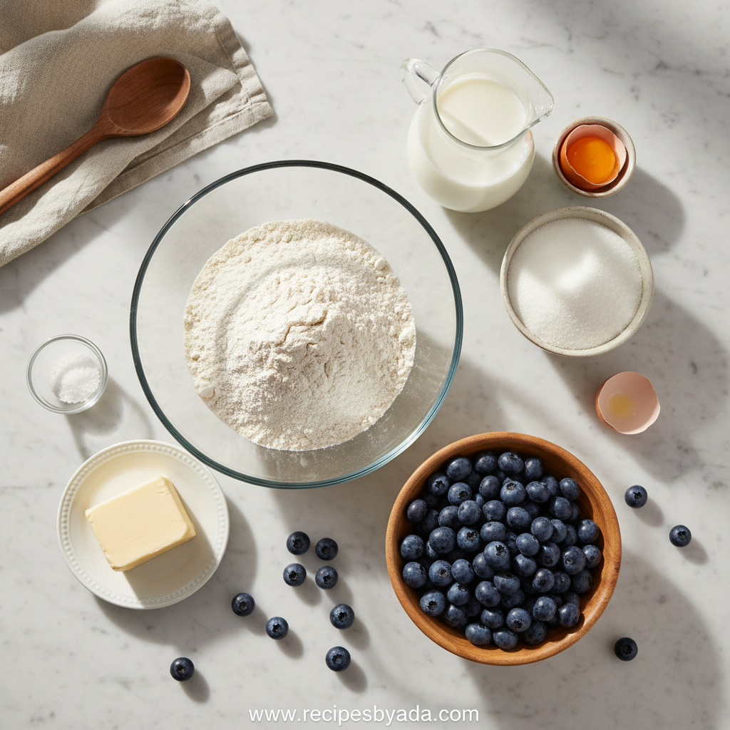 Ingredients for homemade blueberry muffins including flour, sugar, eggs, butter, and fresh blueberries