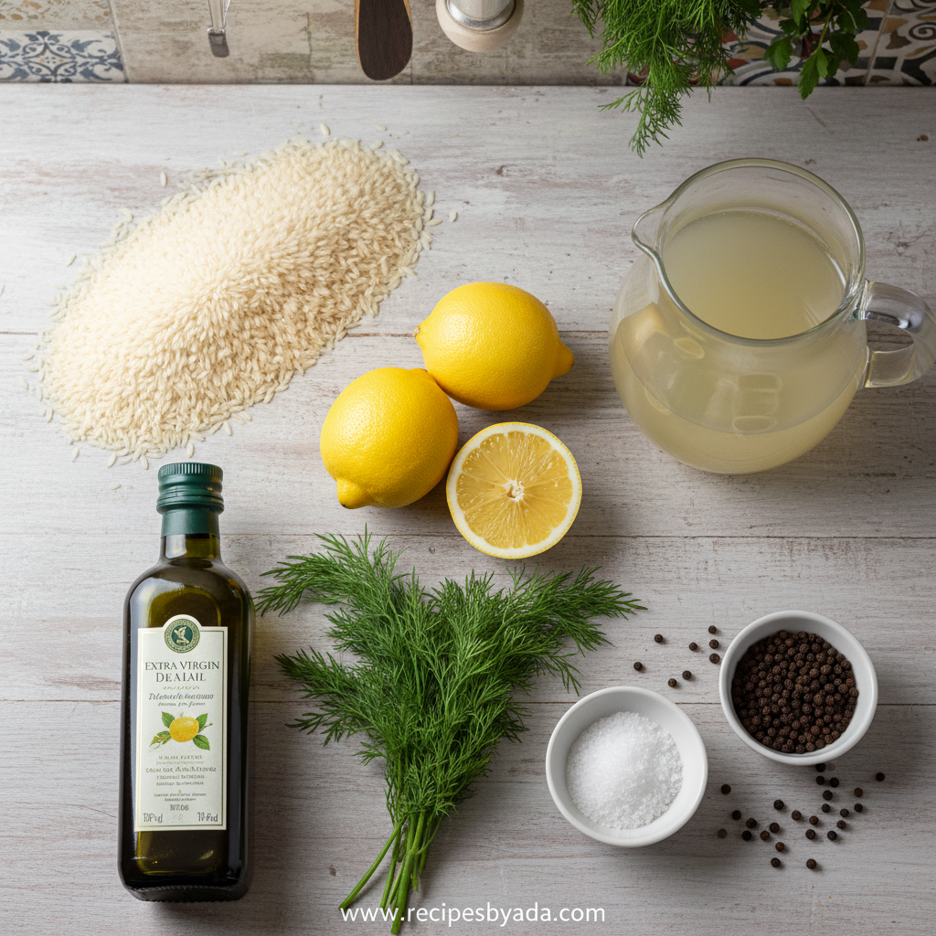 Ingredients for Greek lemon rice including rice, lemons, herbs, and spices