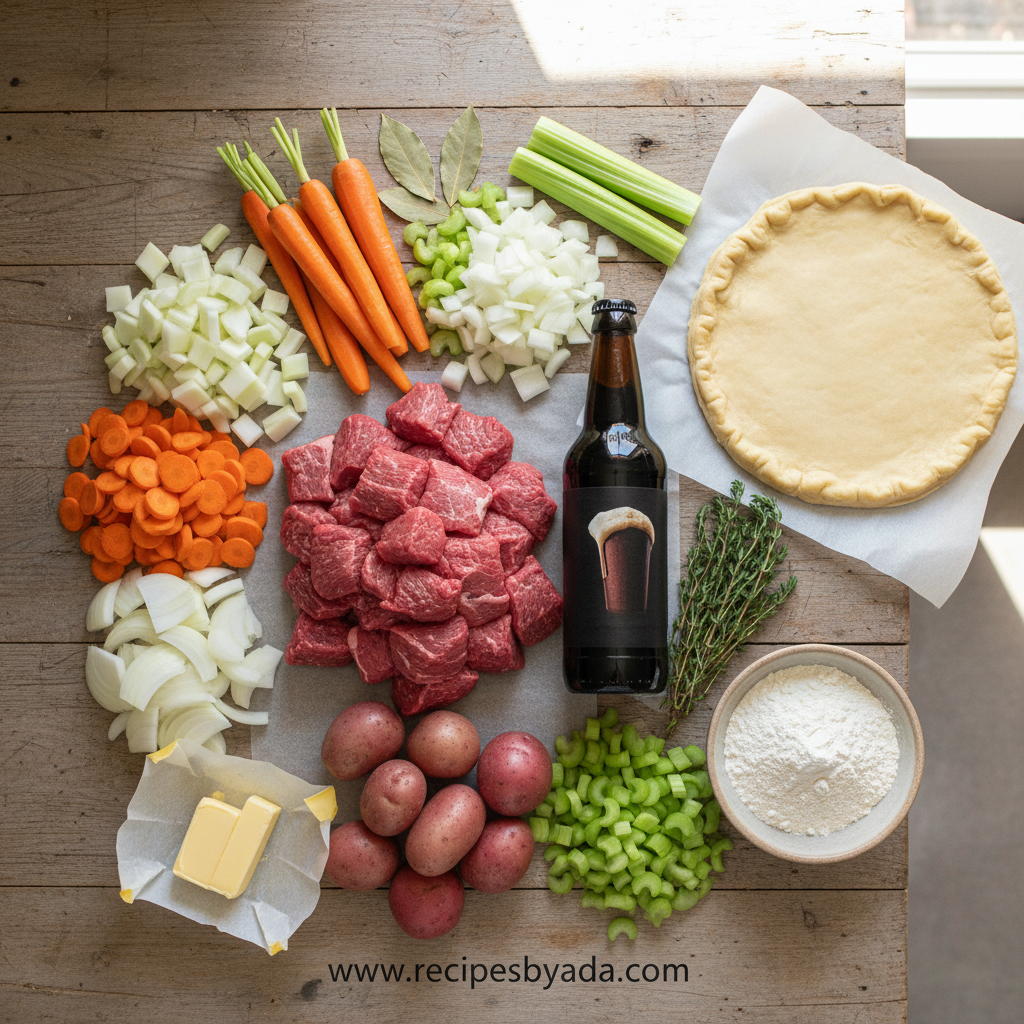 Ingredients for beef pot pie including beef, vegetables, and pastry