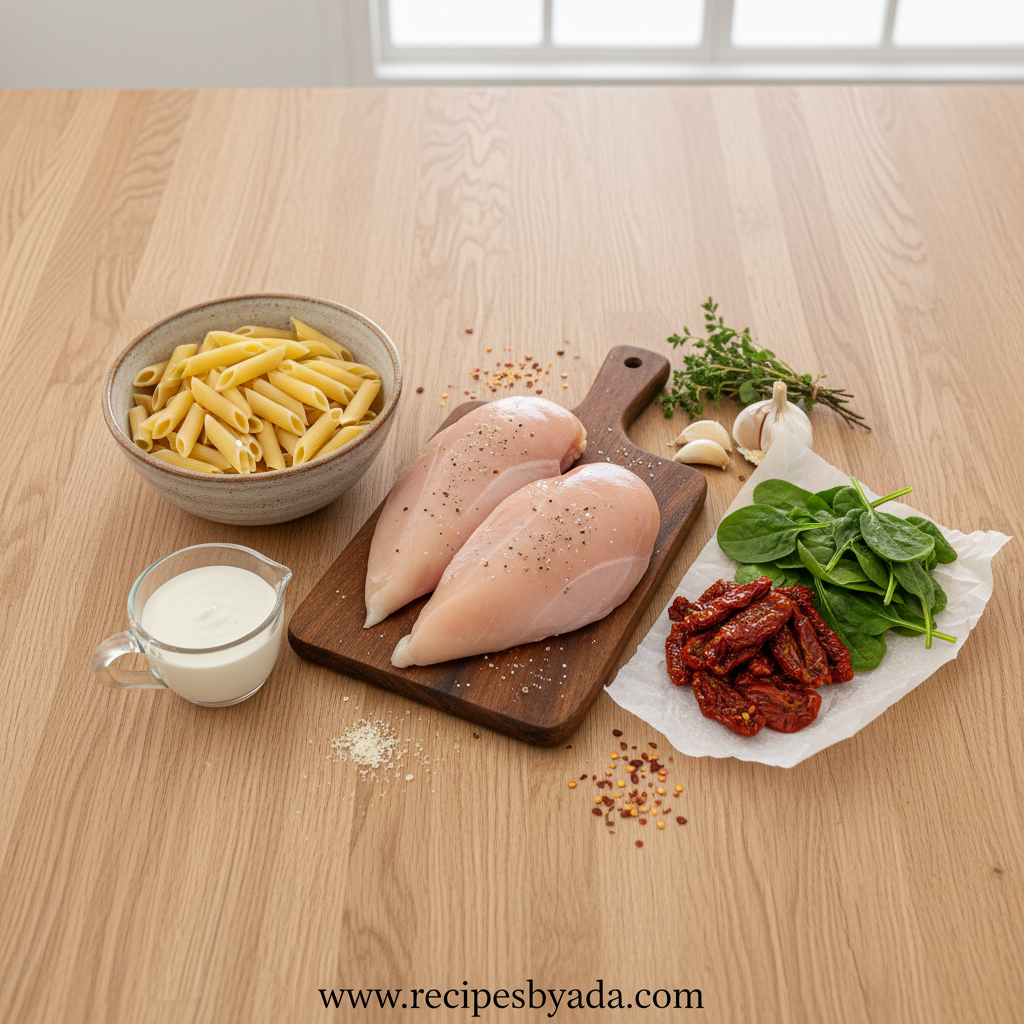 Ingredients for creamy chicken pasta with sun-dried tomatoes