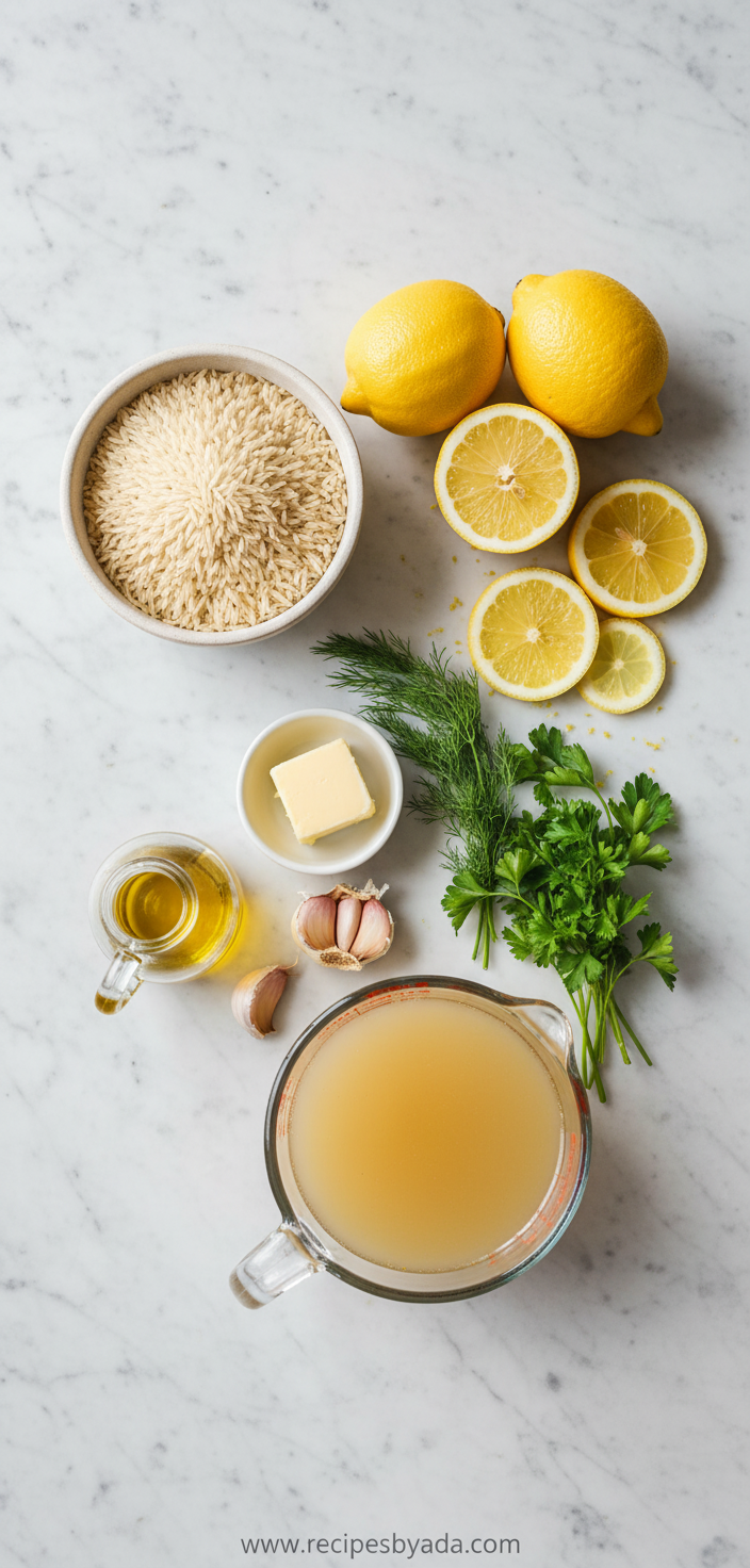 Quick Zesty Greek Lemon Rice Side - Instant Lemon Pilaf Dinner Essential 2 Ingredients for Greek lemon rice including rice, lemons, herbs and spices