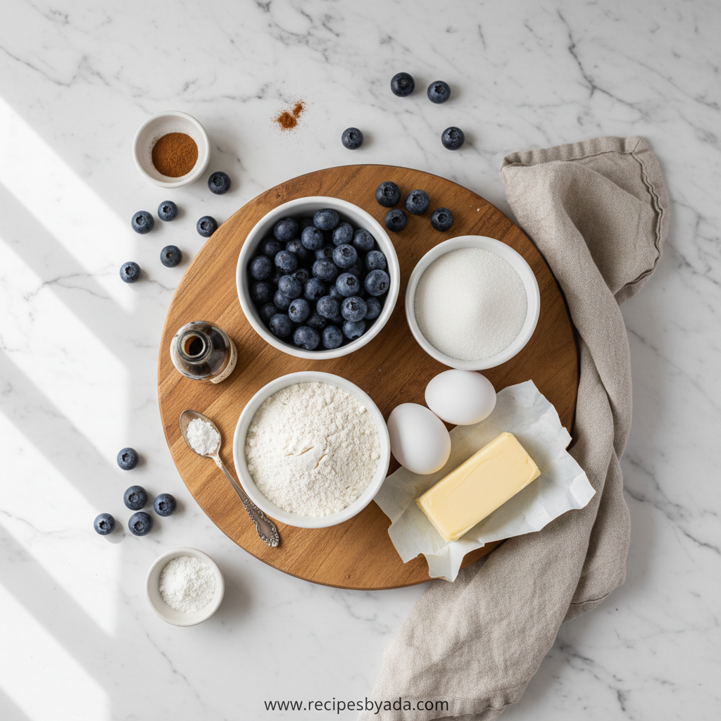 Ingredients for bakery style fluffy blueberry muffins with streusel