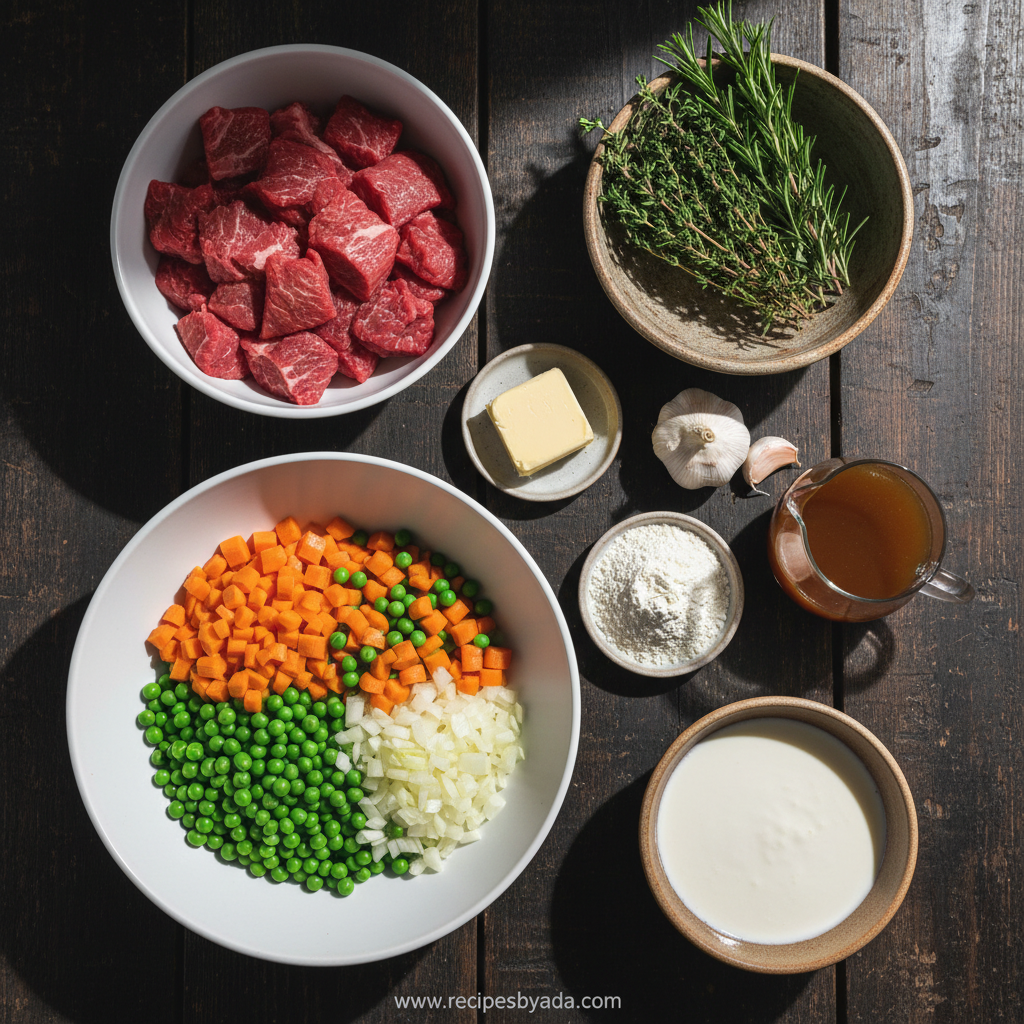 Ingredients for herbed biscuit beef pot pie