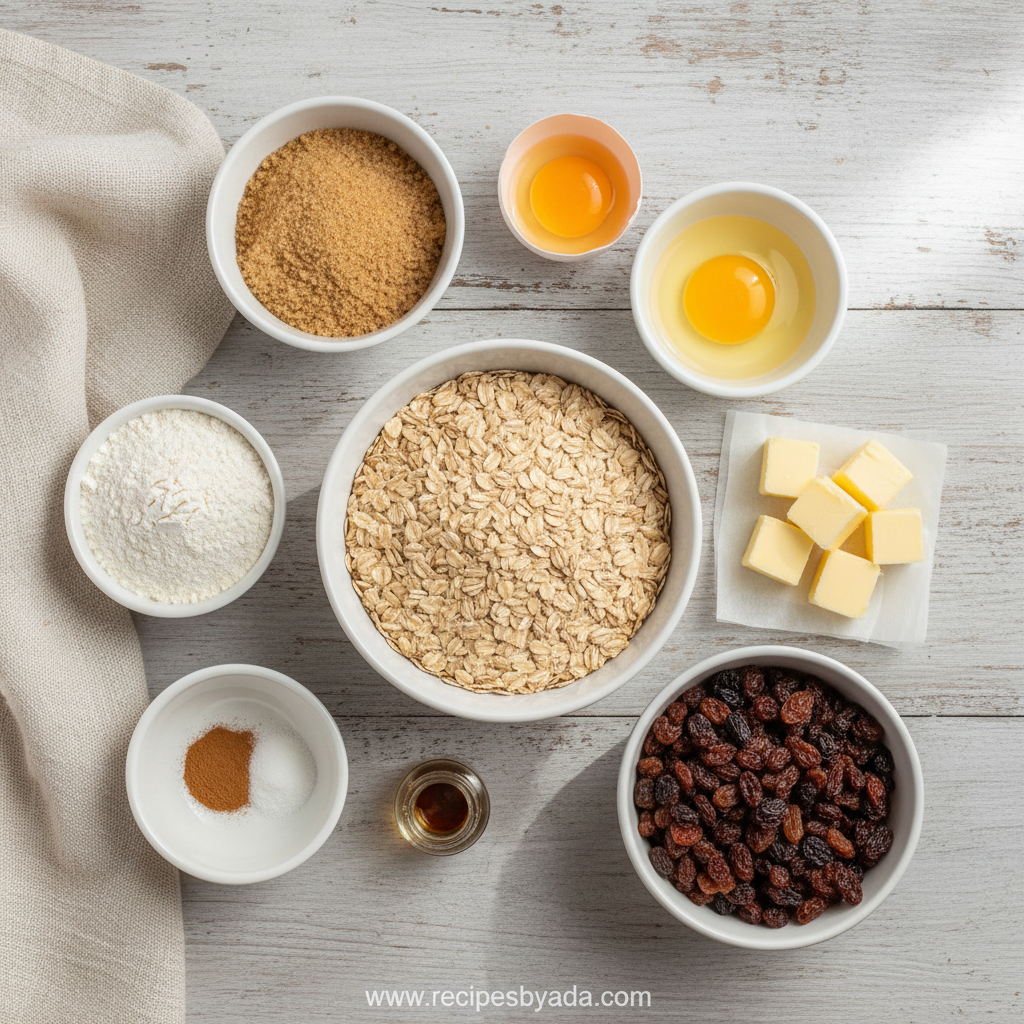 Ingredients for chewy oatmeal cookies