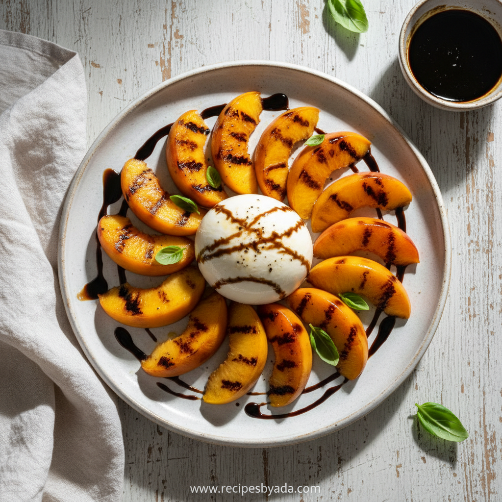 Fresh Grilled Peach Burrata Salad served on a plate