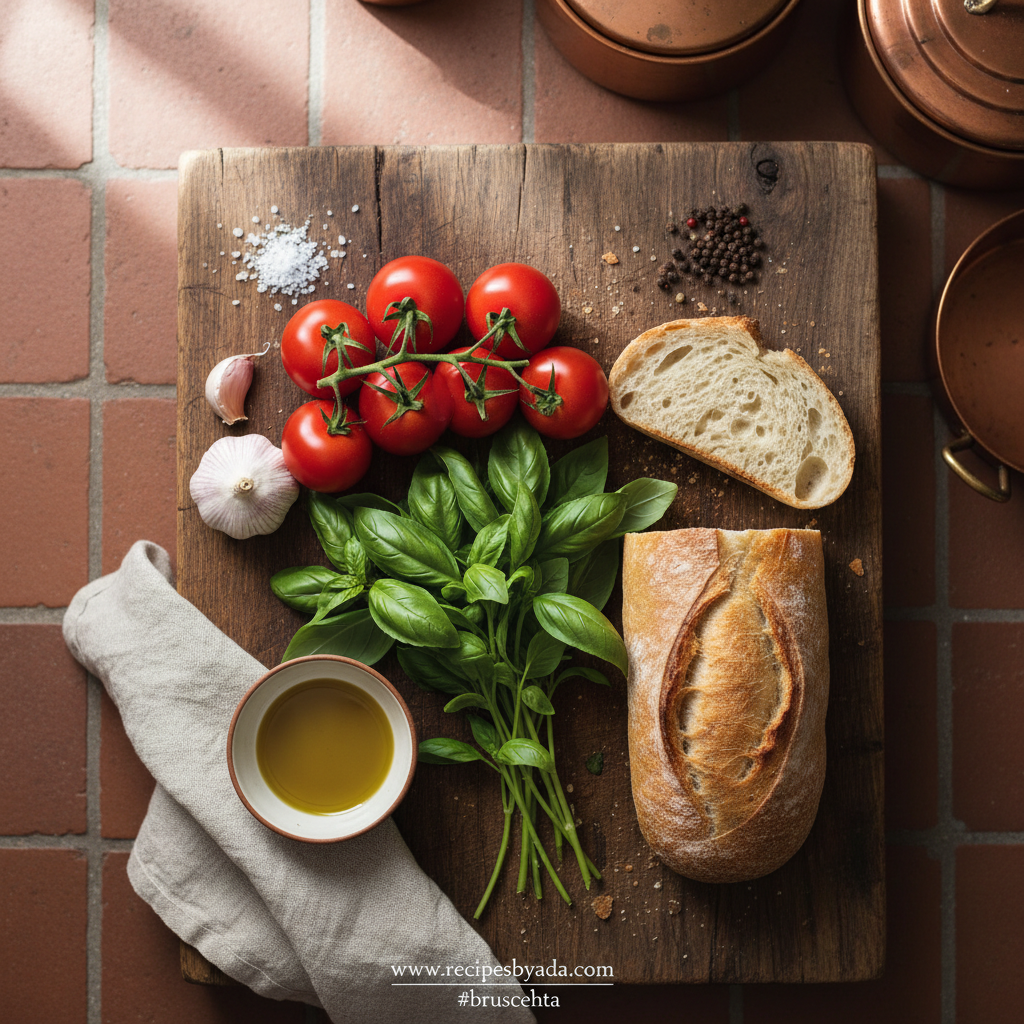 Ingredients for homemade bruschetta: tomatoes, basil, garlic, olive oil, and bread