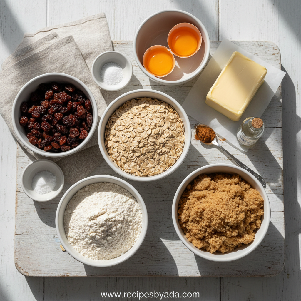 Ingredients for chewy oatmeal cookies