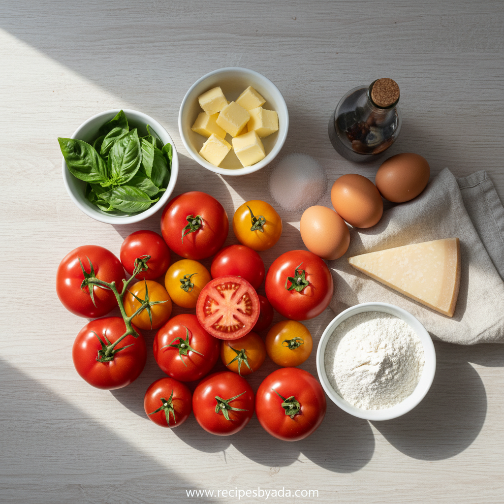 Fresh ingredients for the tomato tart including tomatoes, herbs, and pastry dough